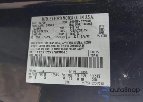 2000 Ford F-150 Work Series/Xl/Xlt из США, поврежденный, VIN 1FTZX1727YNB30615